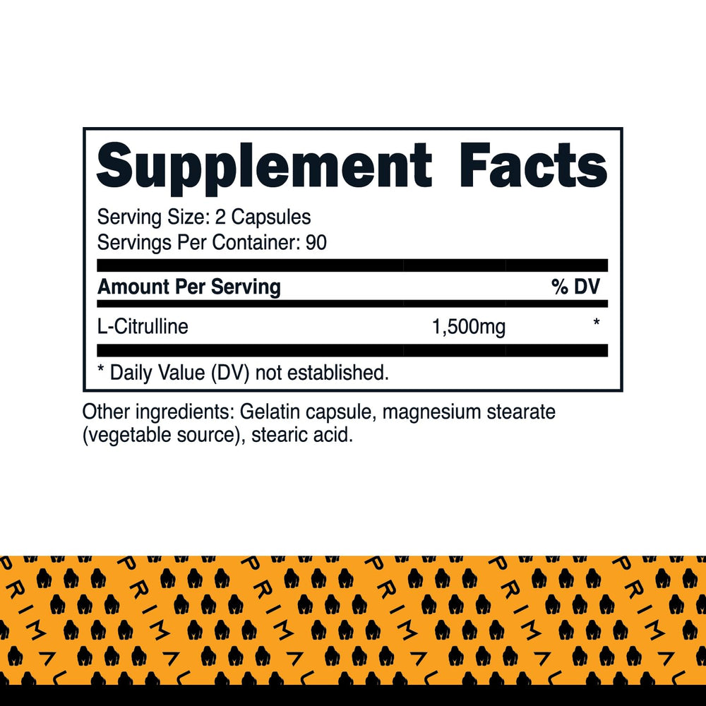 Close-up of Primal L-Citrulline capsules showing quality and GMP compliance.