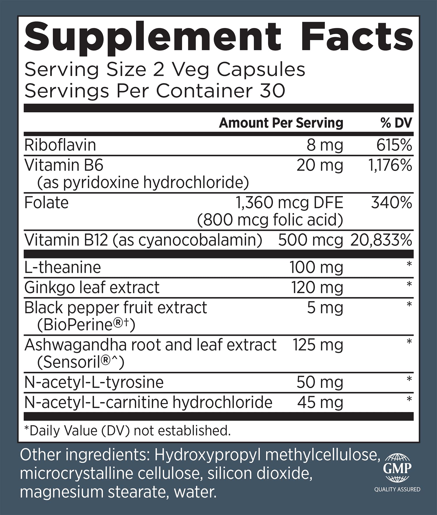 Close-up of CogniForce label emphasizing Acetyl L-Carnitine and B vitamins.