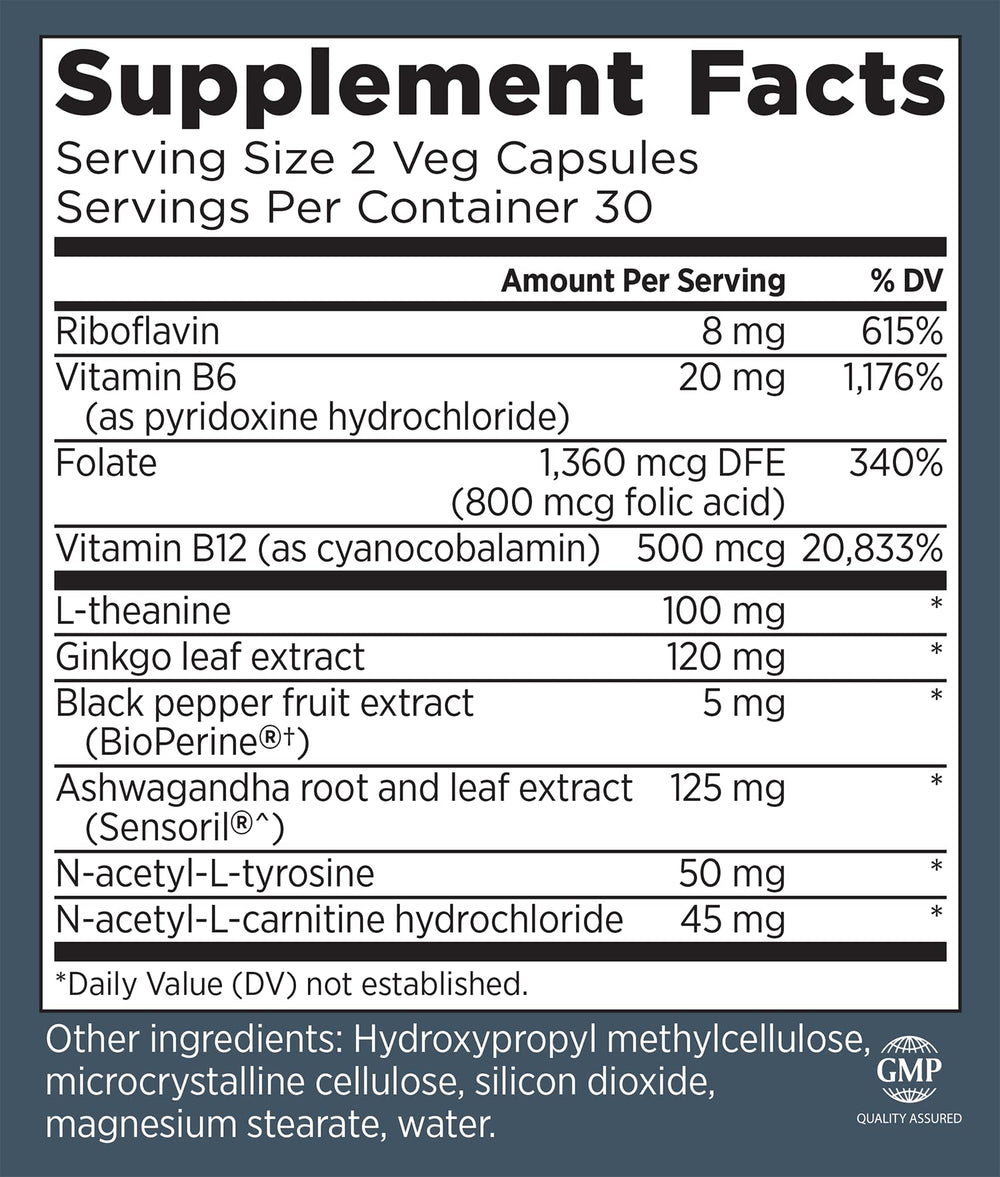 Close-up of CogniForce label emphasizing Acetyl L-Carnitine and B vitamins.