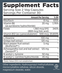 Close-up of CogniForce label emphasizing Acetyl L-Carnitine and B vitamins.