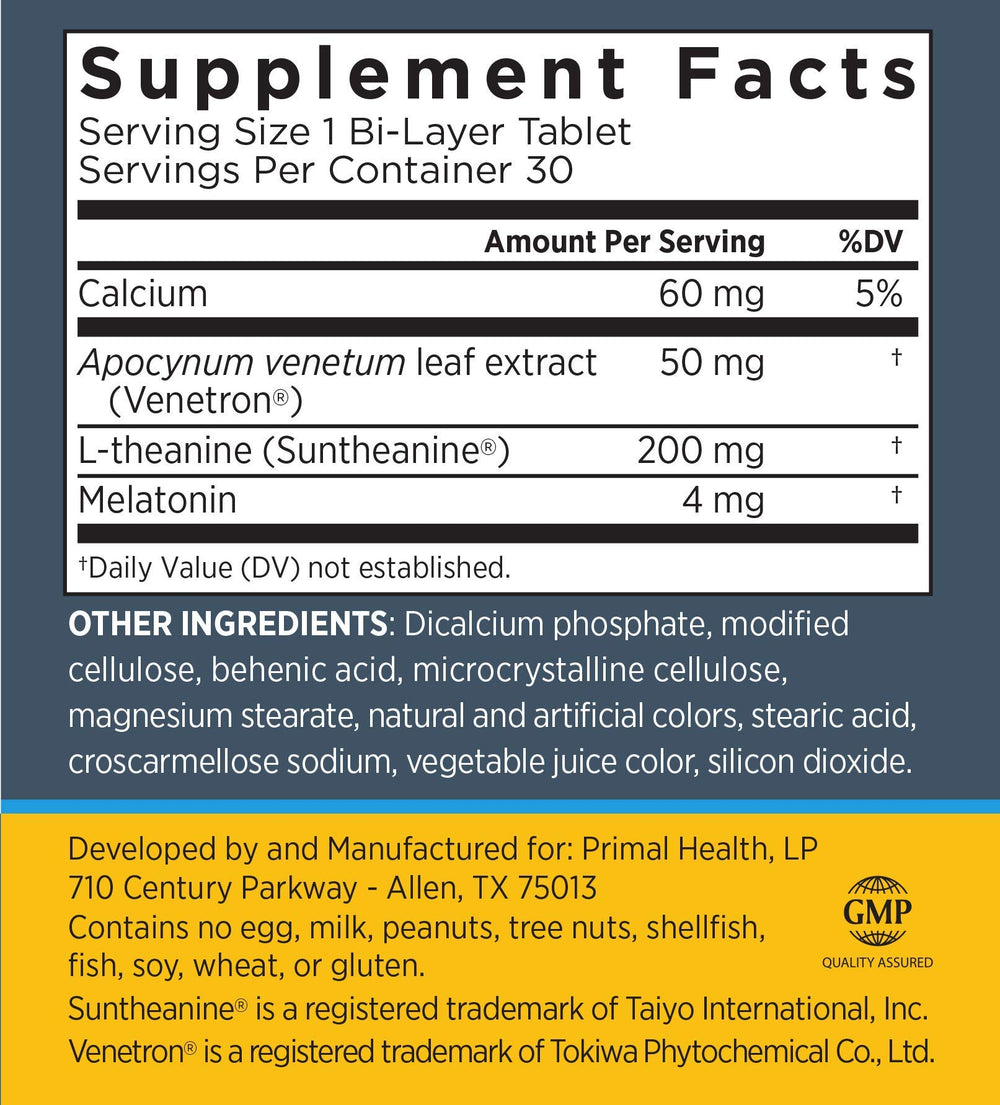 Primal Labs SleepRefined label close-up showing slow-release melatonin benefits for steadier evenings.