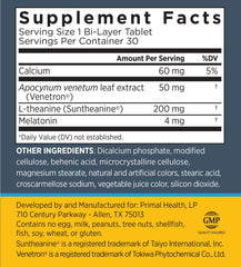 Primal Labs SleepRefined label close-up showing slow-release melatonin benefits for steadier evenings.