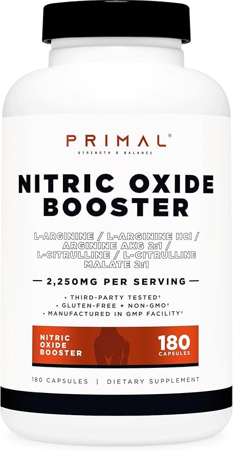 Primal Nitric Oxide Booster bottle front highlighting 2250 mg per serving for workout support.