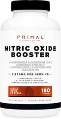Primal Nitric Oxide Booster bottle front highlighting 2250 mg per serving for workout support.
