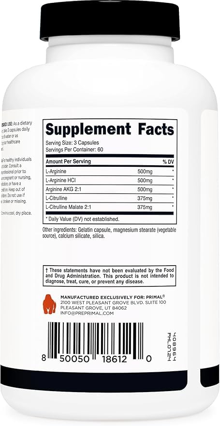 Primal Nitric Oxide Booster bottle side view illustrating gluten-free and non-GMO attributes.