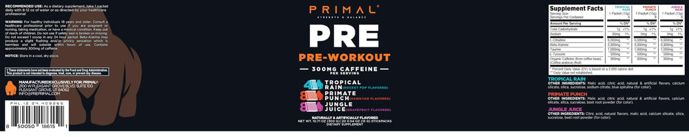 Primal PRE packaging shows GMP and third-party testing for quality and safety