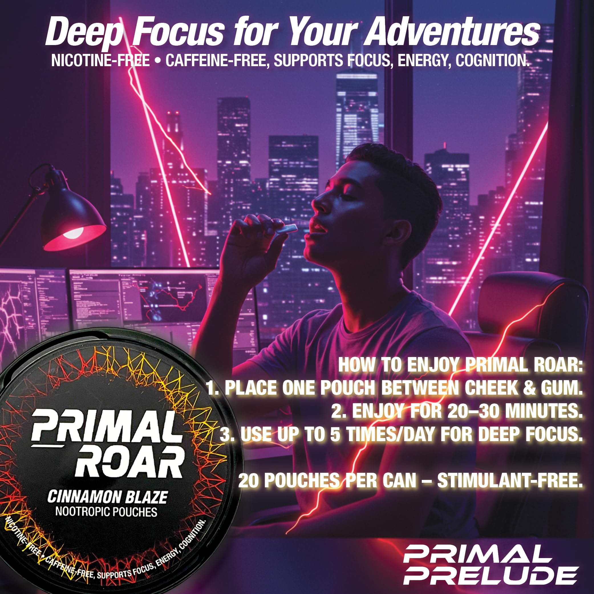 Primal Prelude Roar Cinnamon Blaze pouches ready for gym or study sessions.