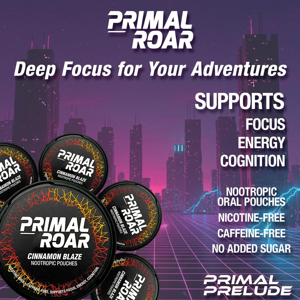 Primal Prelude Roar Mango Shine can front with bold flavor and mental clarity.