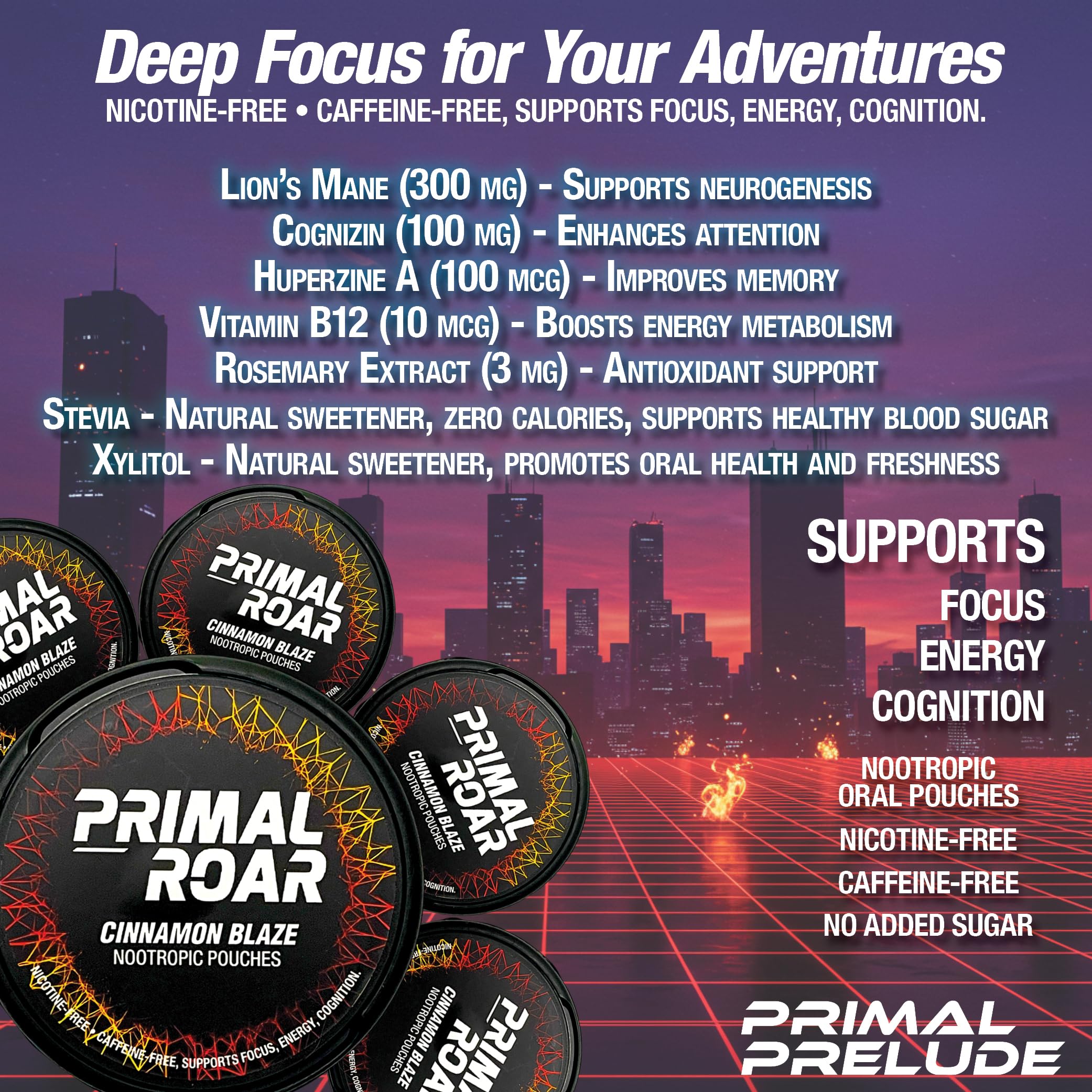 Primal Prelude Roar neon-inspired can on a desk for daily productivity.