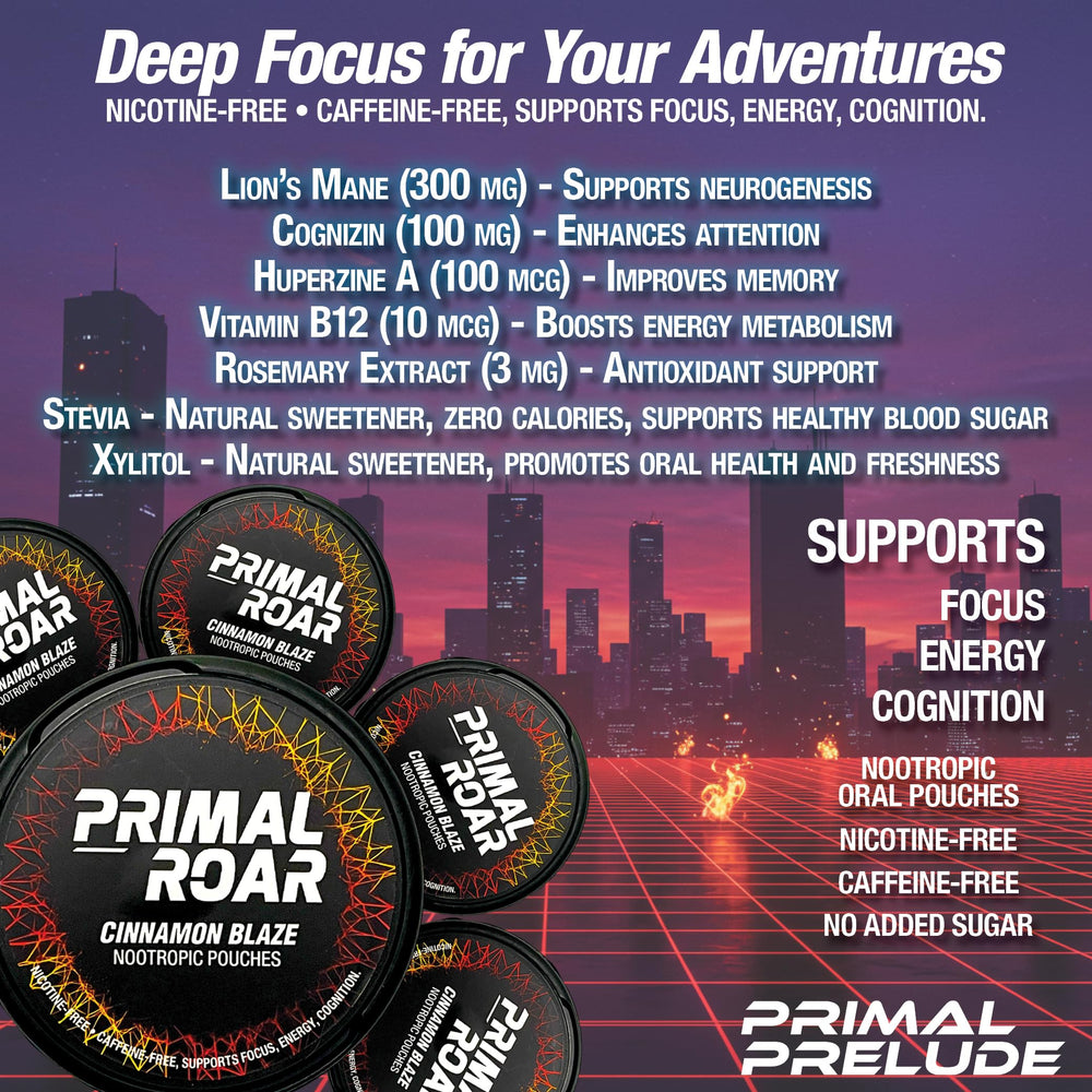 Primal Prelude Roar neon-inspired can on a desk for daily productivity.