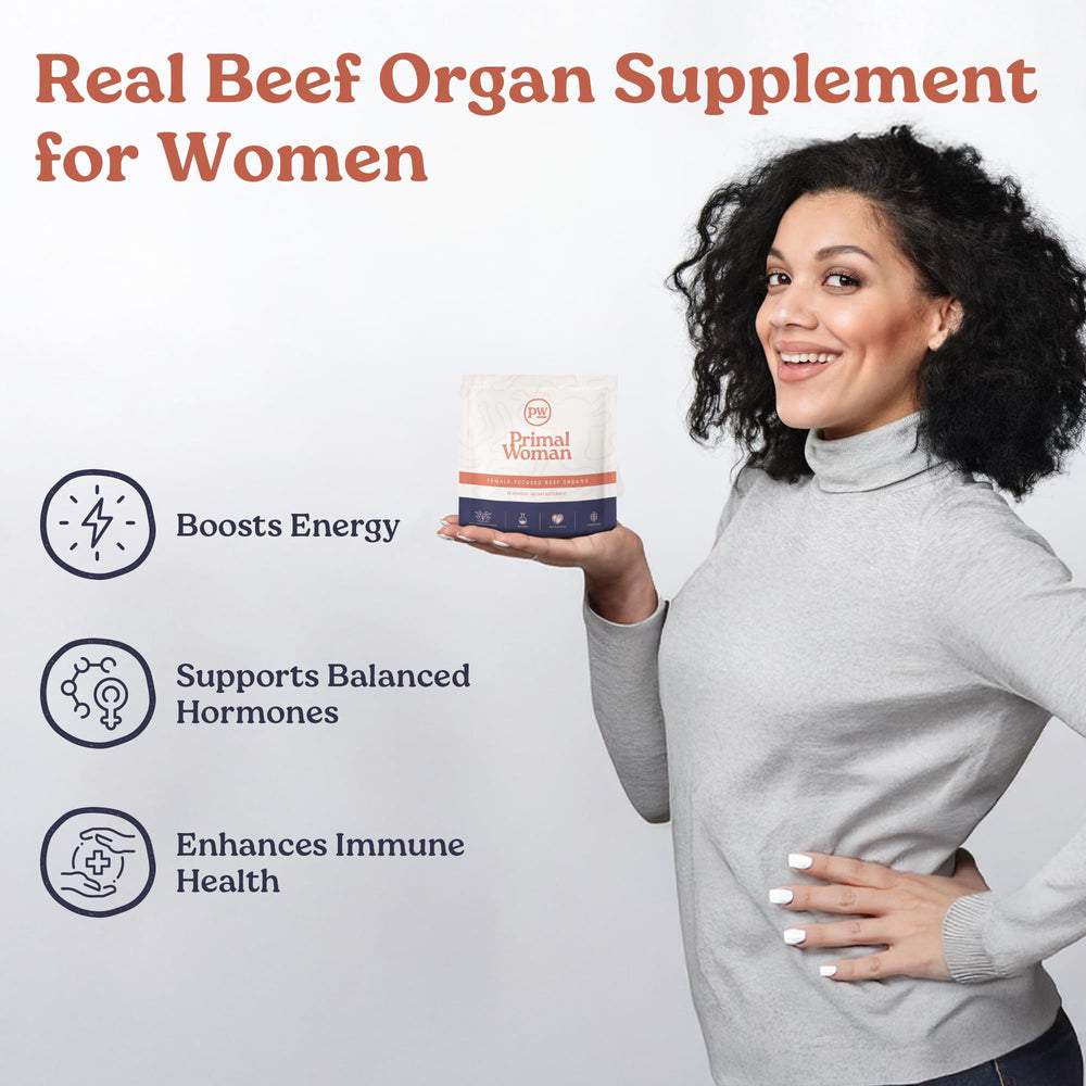 Primal Woman beef organ bottle shown for easy daily supplementation.