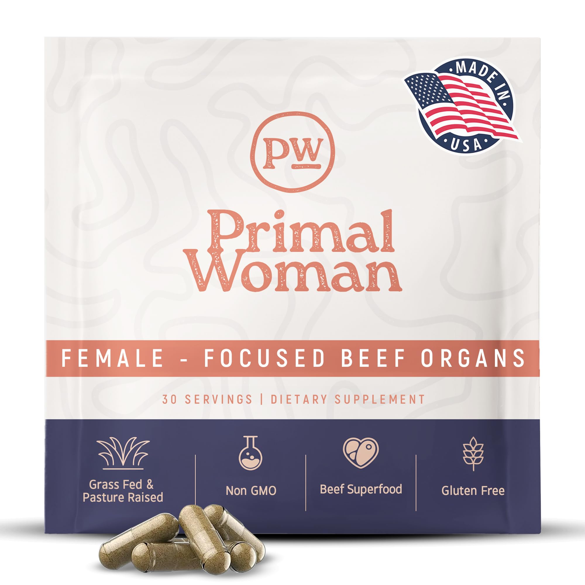 Primal Woman beef organ capsules shown for daily vitality.