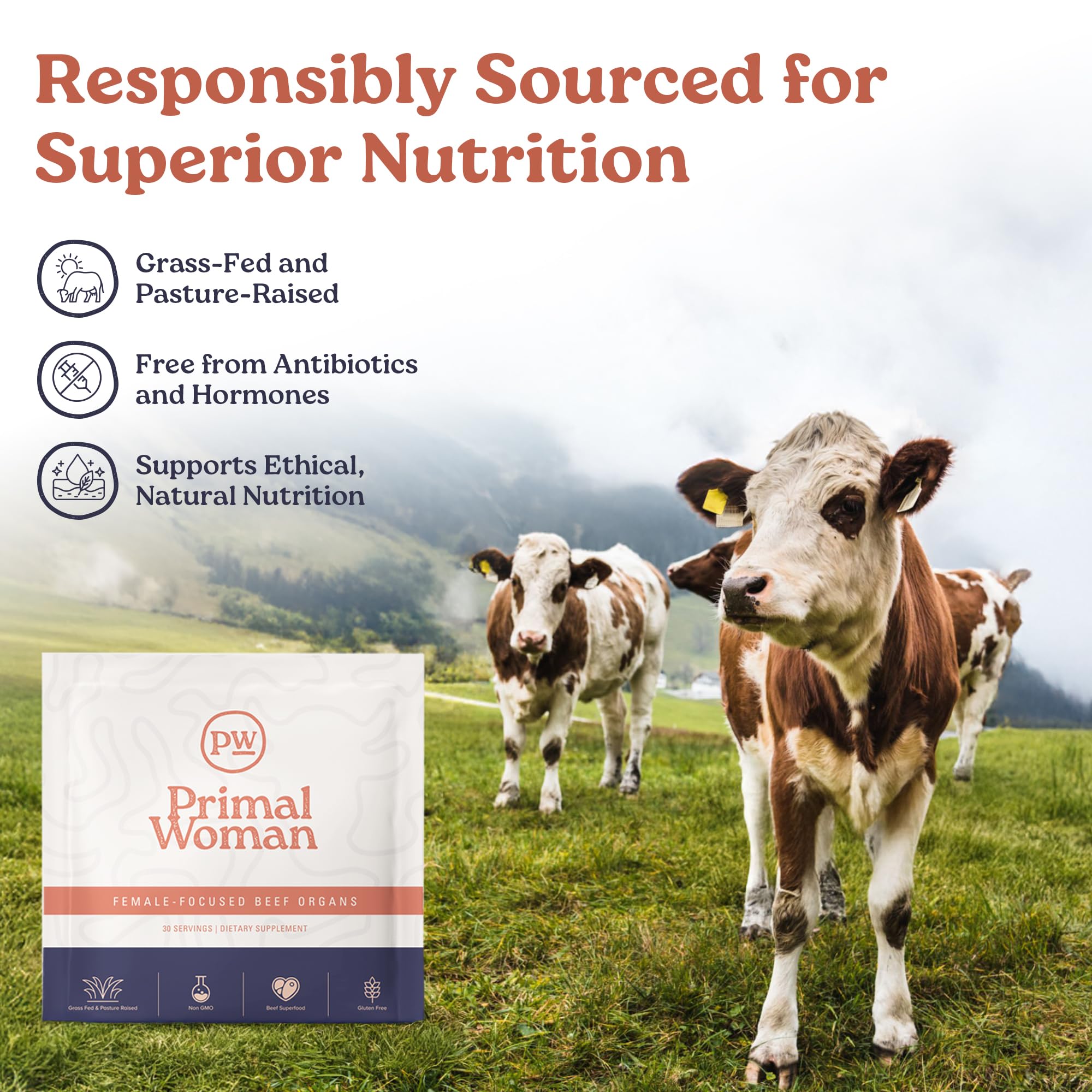 Primal Woman packaging on shelf signals grass fed formula and care.