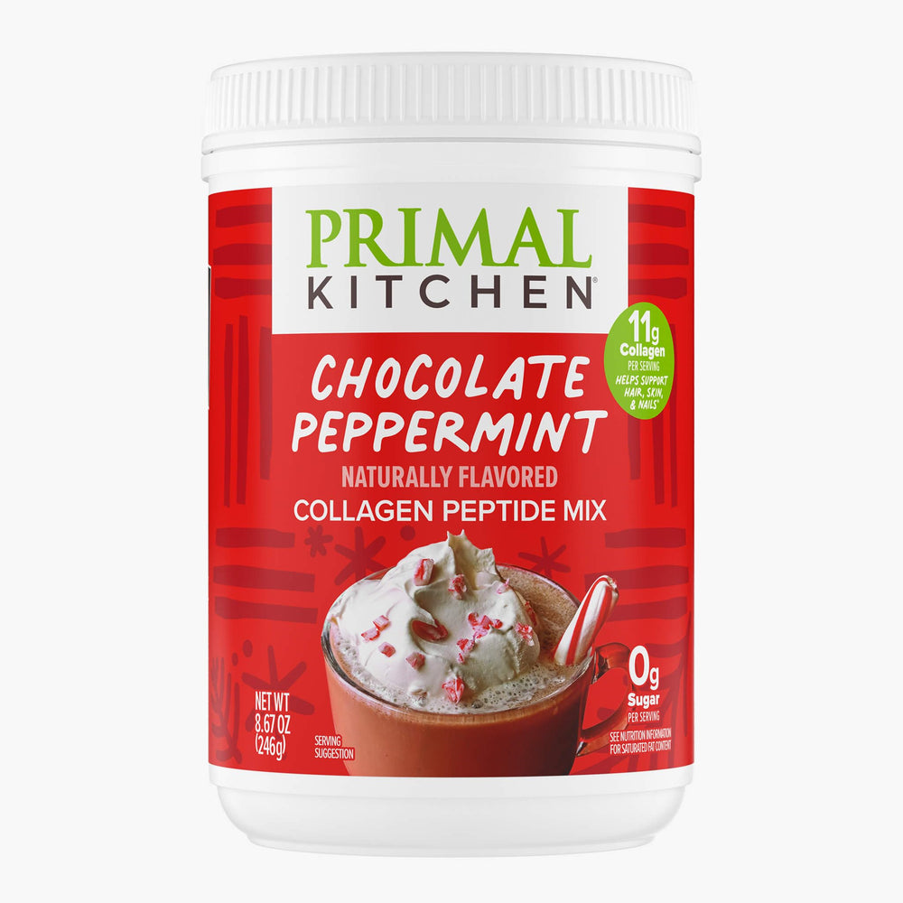 Primal Kitchen chocolate peppermint collagen powder tub ready for daily use in recipes