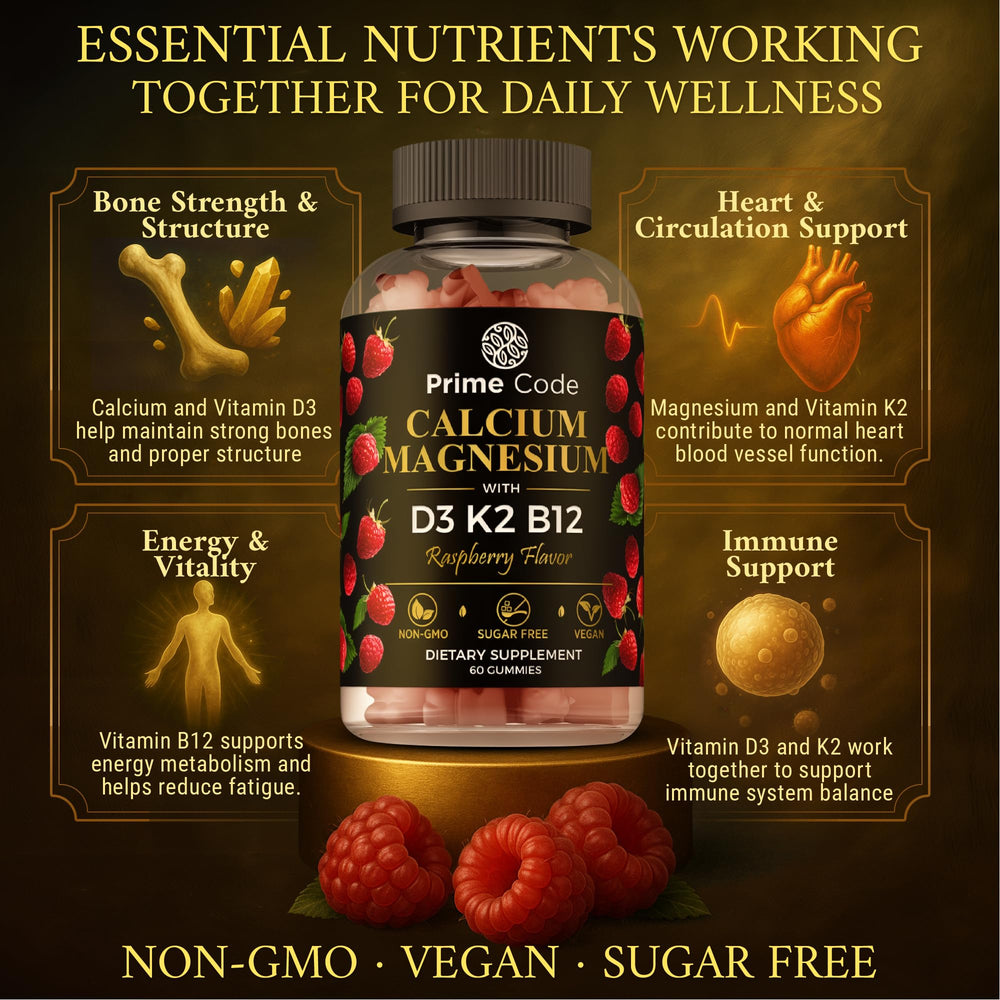 Box and bottle of Prime Code Calcium Gummies on a clean counter