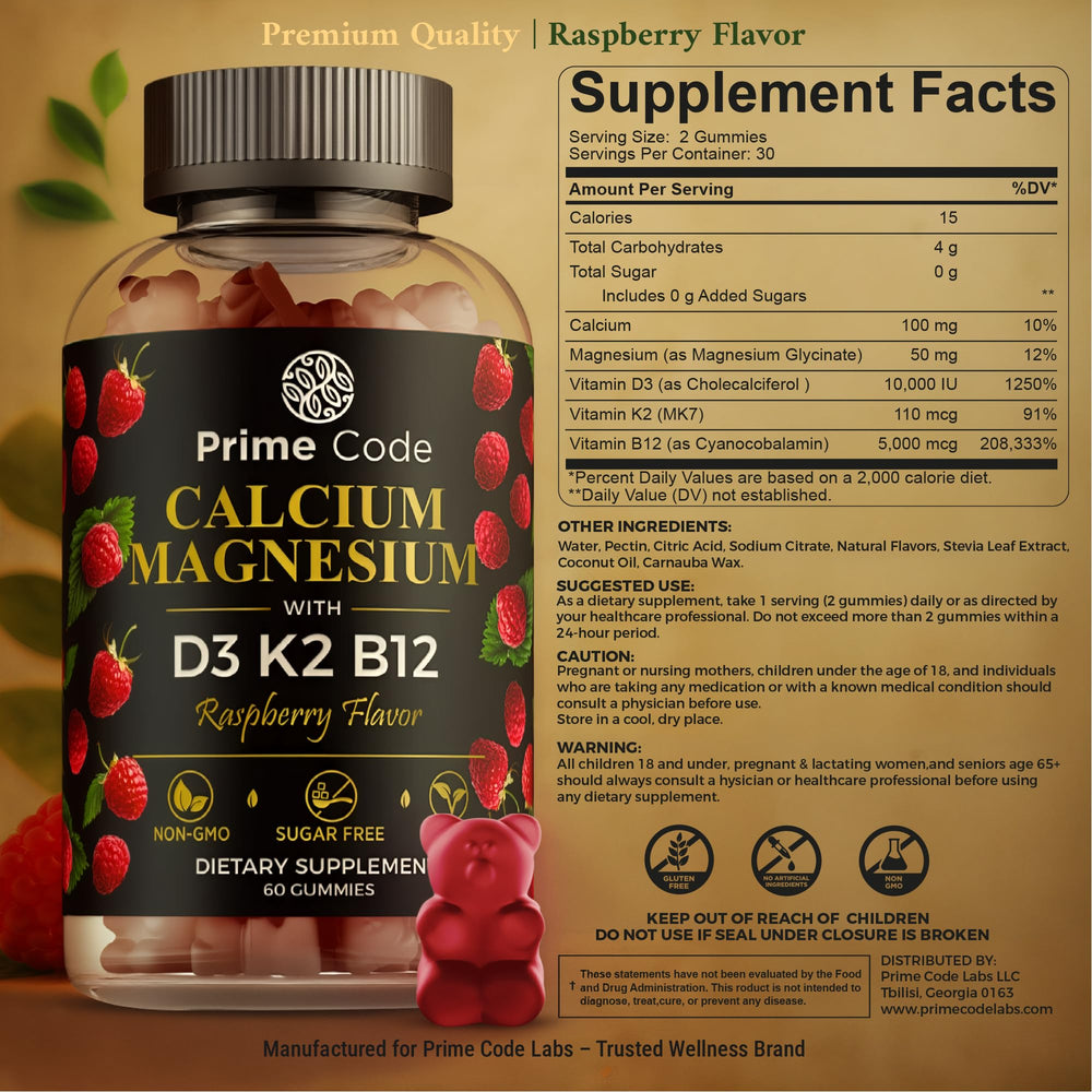 Prime Code Calcium Gummies label close-up highlighting vegan and non-GMO ingredients