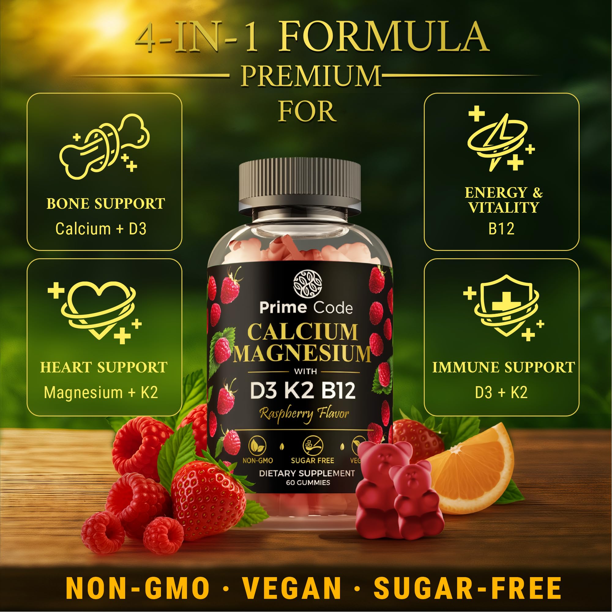 Close-up of Prime Code Calcium Gummies texture, tasty and convenient