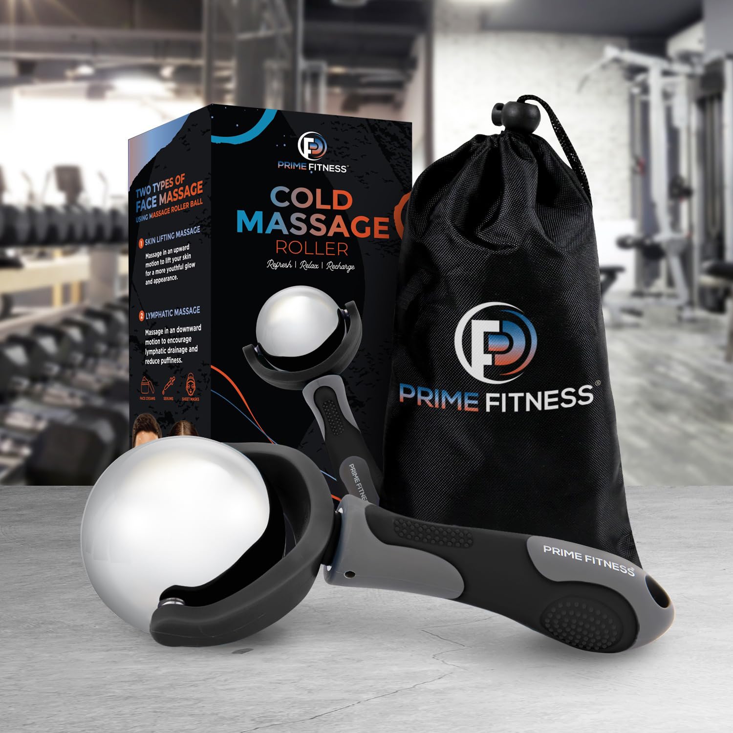 Prime Fitness Ice Roller closeup highlights stainless steel, lasting cooling for muscles.