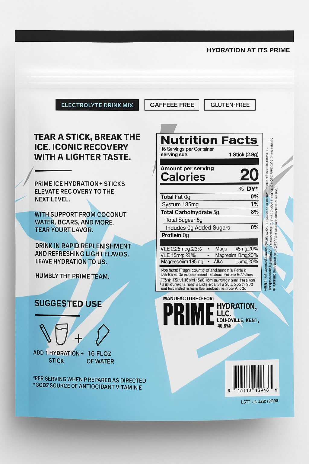 PRIME HYDRATION ICE Sticks close-up label highlighting natural flavors and electrolyte content