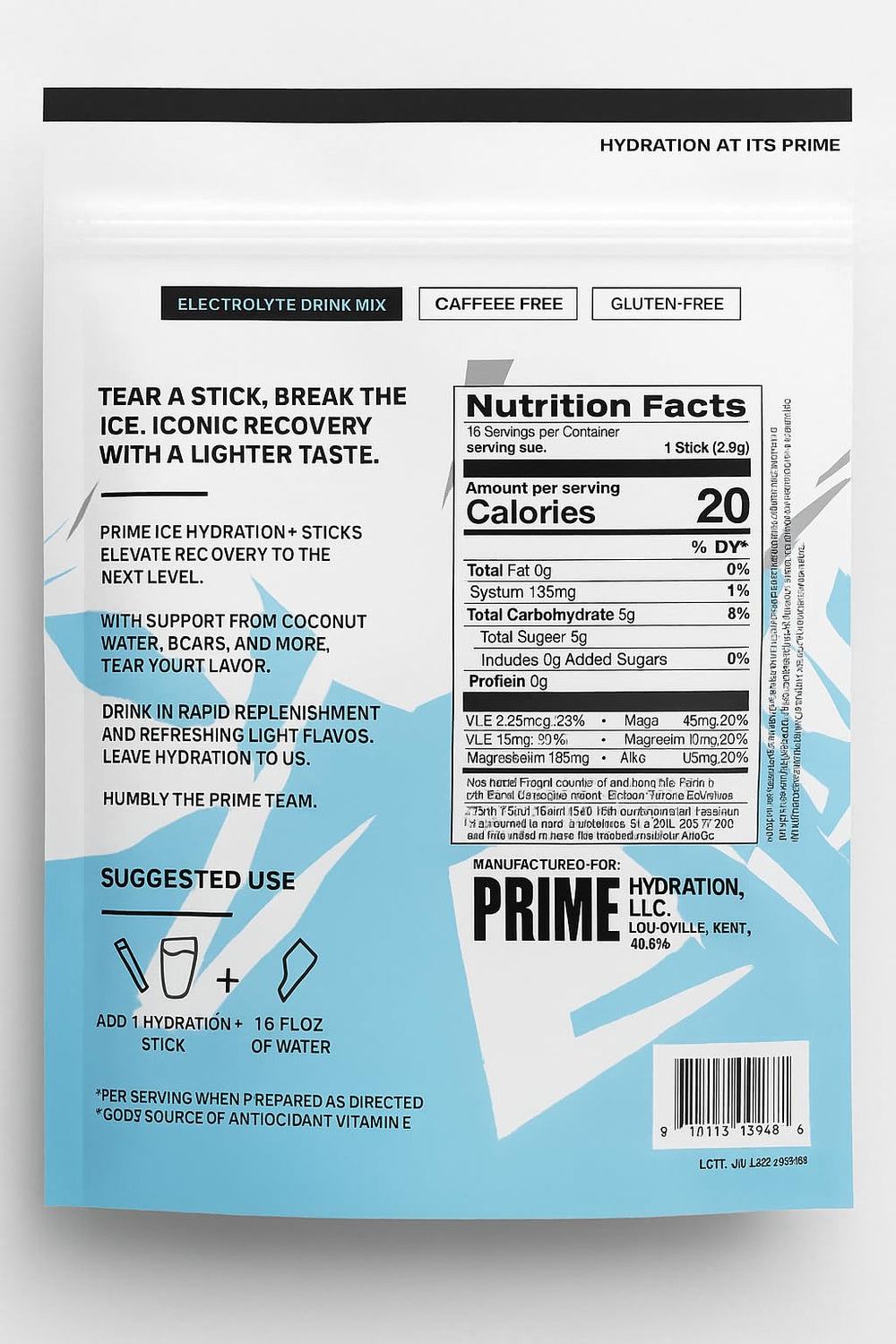 PRIME HYDRATION ICE Sticks close-up label highlighting natural flavors and electrolyte content