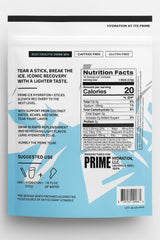 PRIME HYDRATION ICE Sticks close-up label highlighting natural flavors and electrolyte content