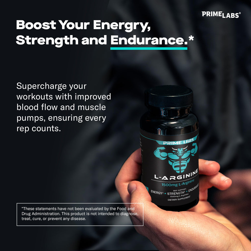 Close-up of Prime Labs L Arginine 1500mg capsules showing two-per-serving dose.