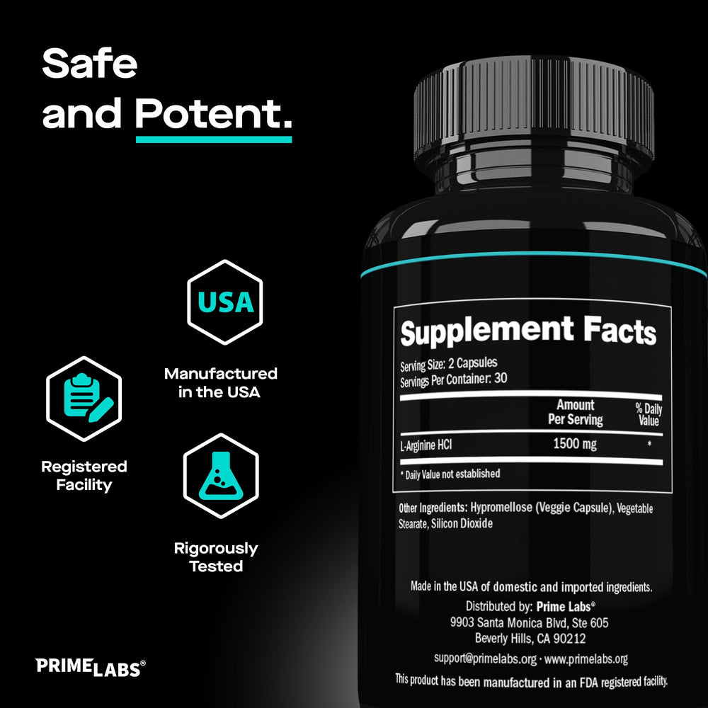 Prime Labs L Arginine 1500mg bottle suggesting daily routine for endurance.
