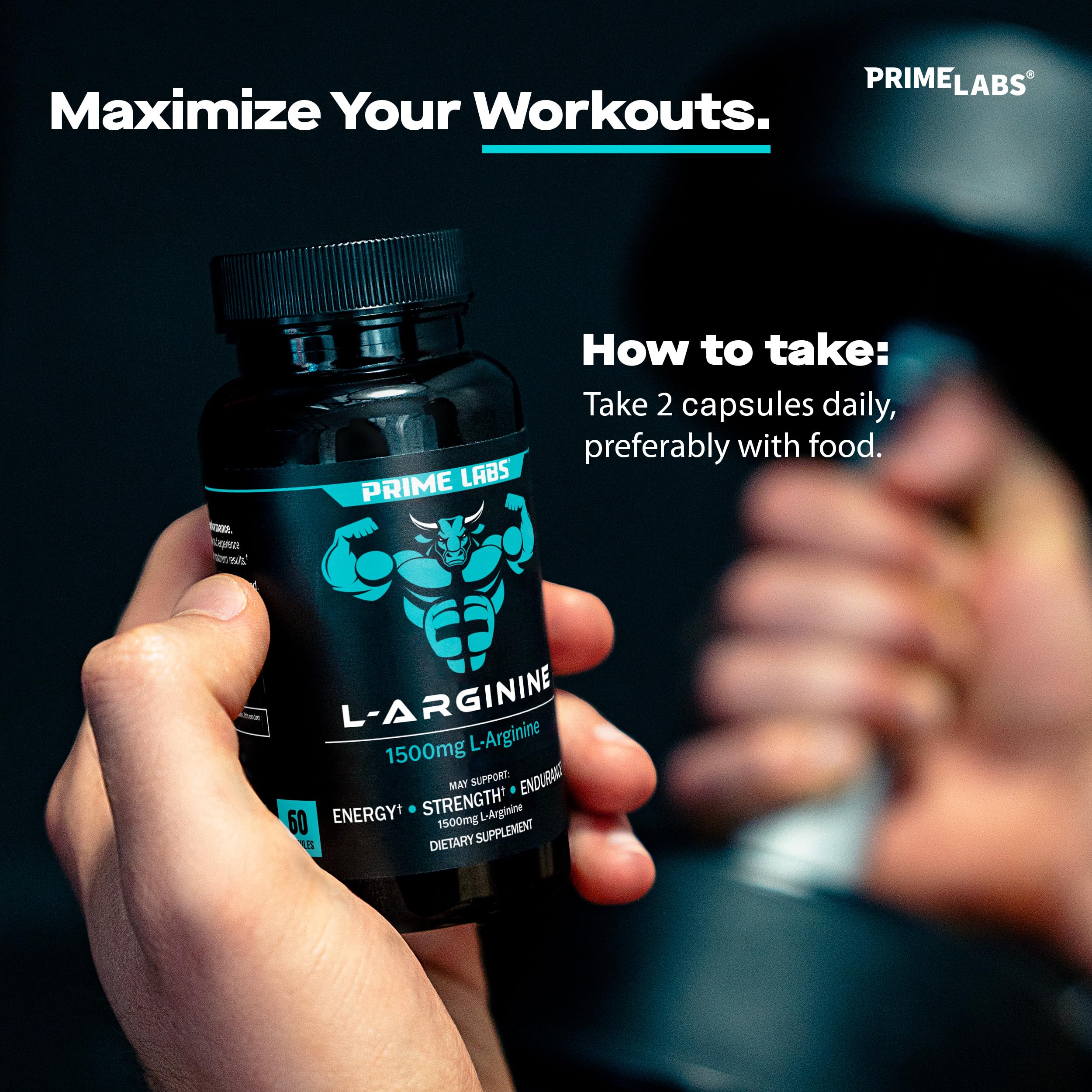 Prime Labs L Arginine 1500mg packaging on a shelf beside gym gear.