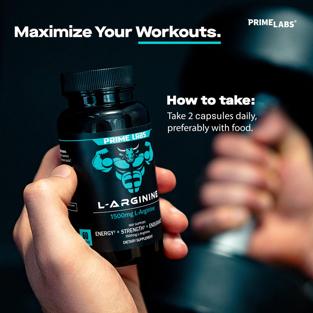 Prime Labs L Arginine 1500mg packaging on a shelf beside gym gear.