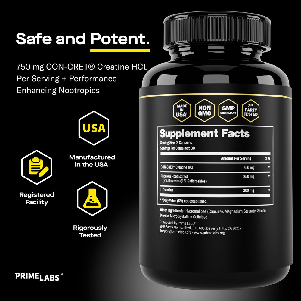 Prime Labs Creatine HCl packaging highlights GMP quality and purity