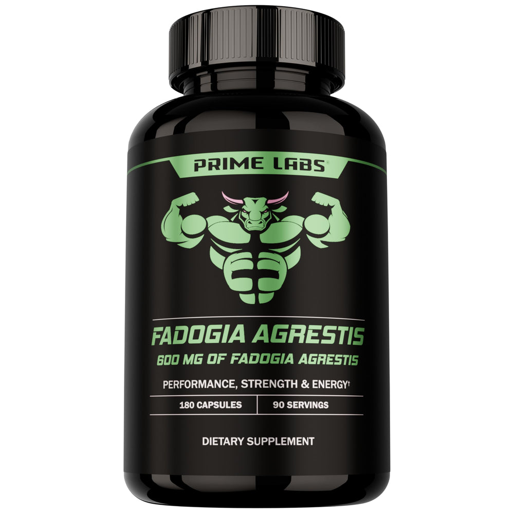 Prime Labs Fadogia Agrestis 600mg bottle label showing quality and testing