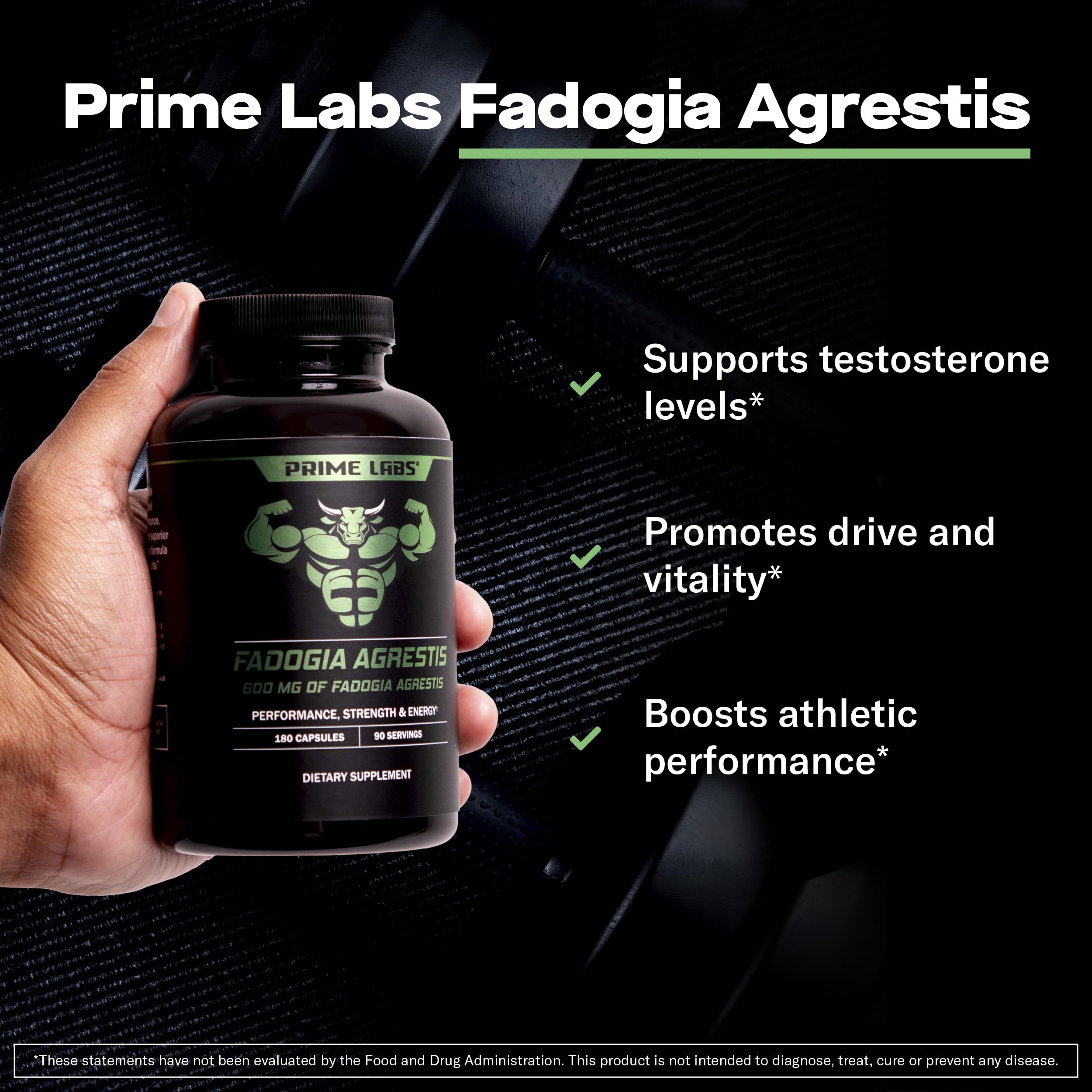 Close-up of Prime Labs Fadogia Agrestis capsules highlighting plant-based formula