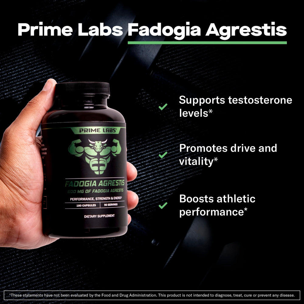 Close-up of Prime Labs Fadogia Agrestis capsules highlighting plant-based formula