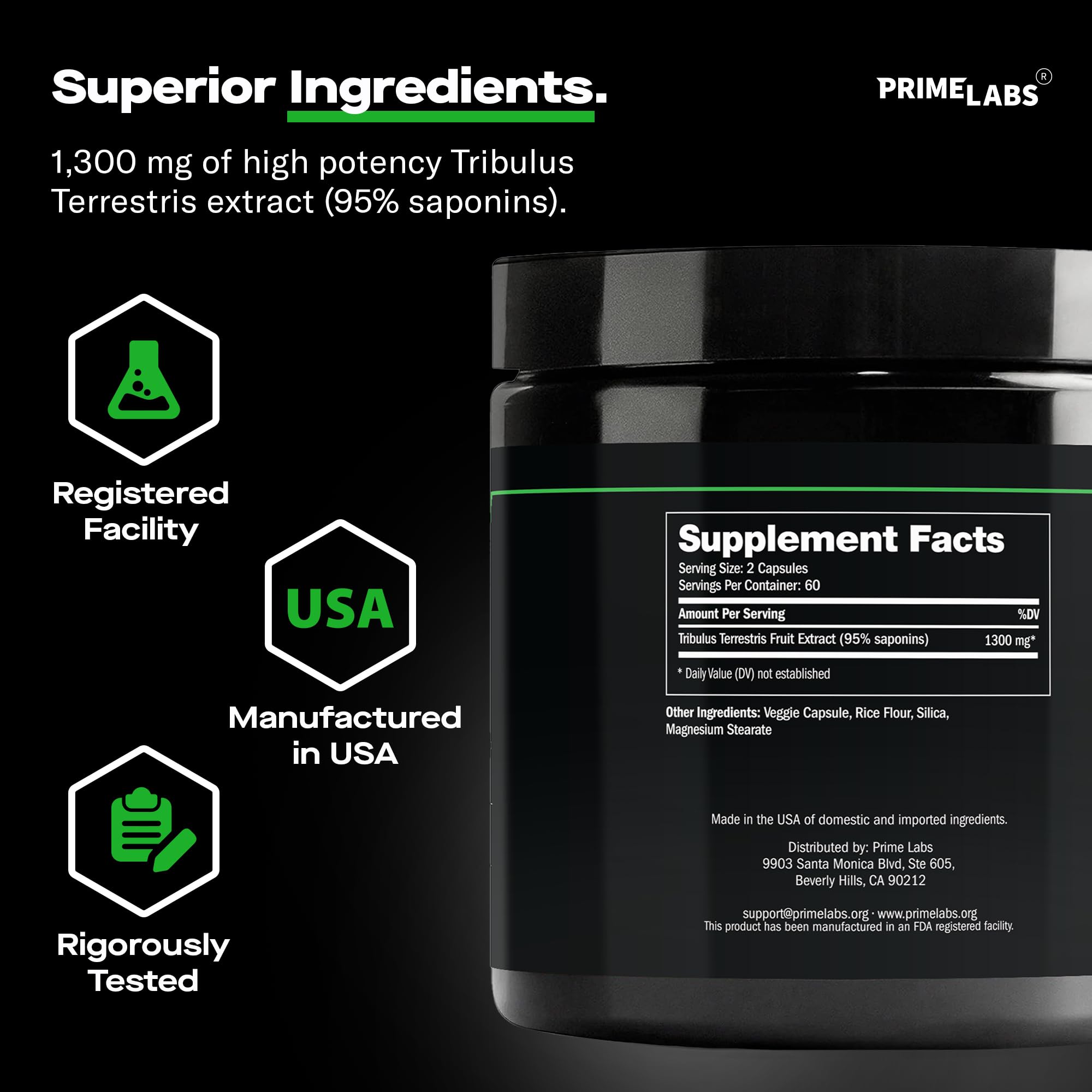 Prime Labs Tribulus Terrestris 1300mg uso diario para estilo de vida activo.