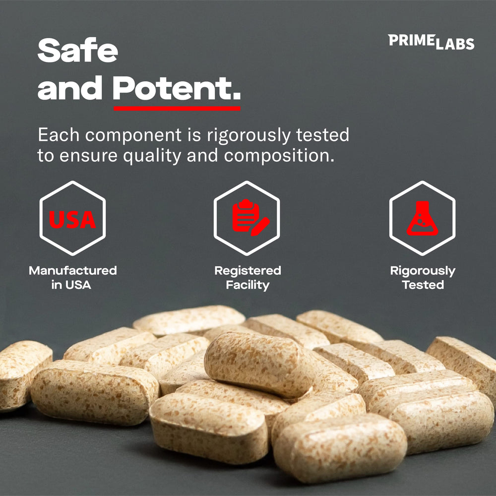 Prime Labs Prime Test workout-scene shows active training alongside the supplement.