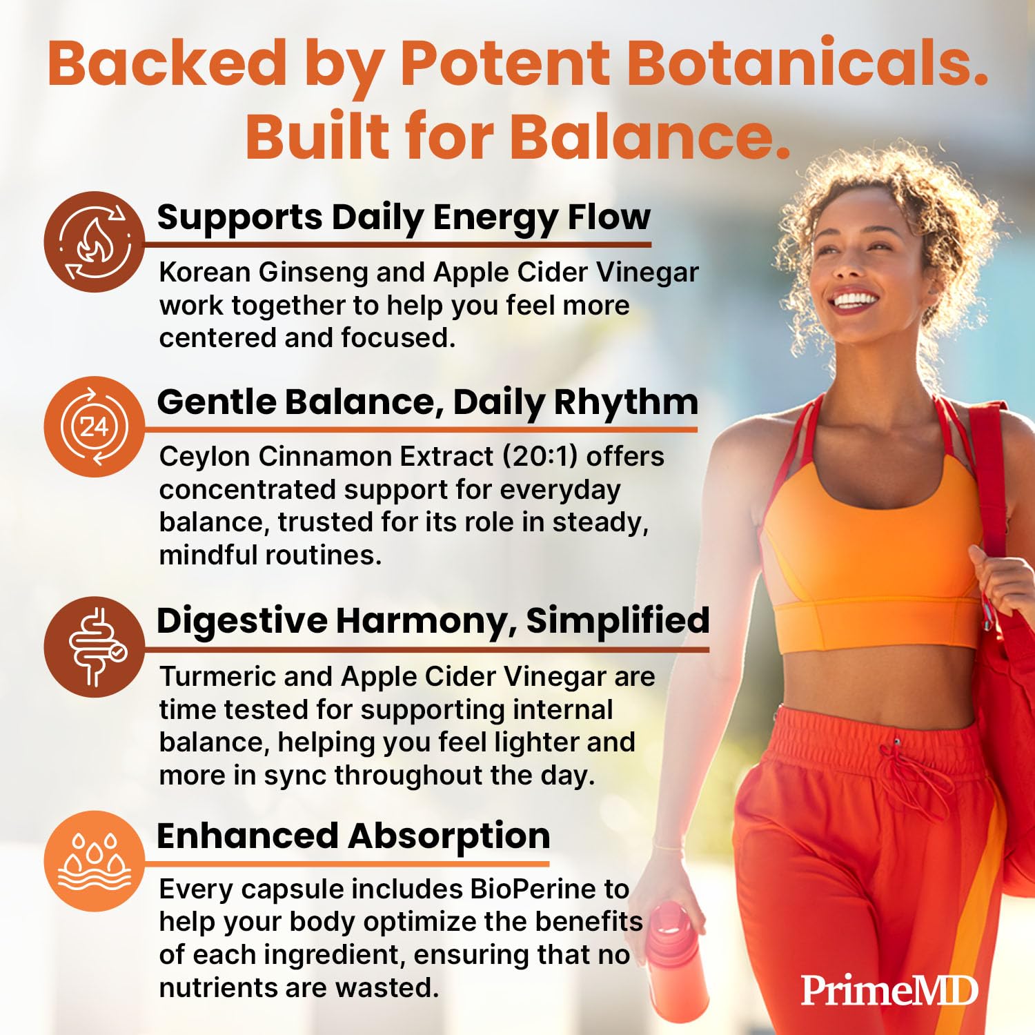 PrimeMD bottle with apple cider vinegar imagery signals digestion-friendly use.