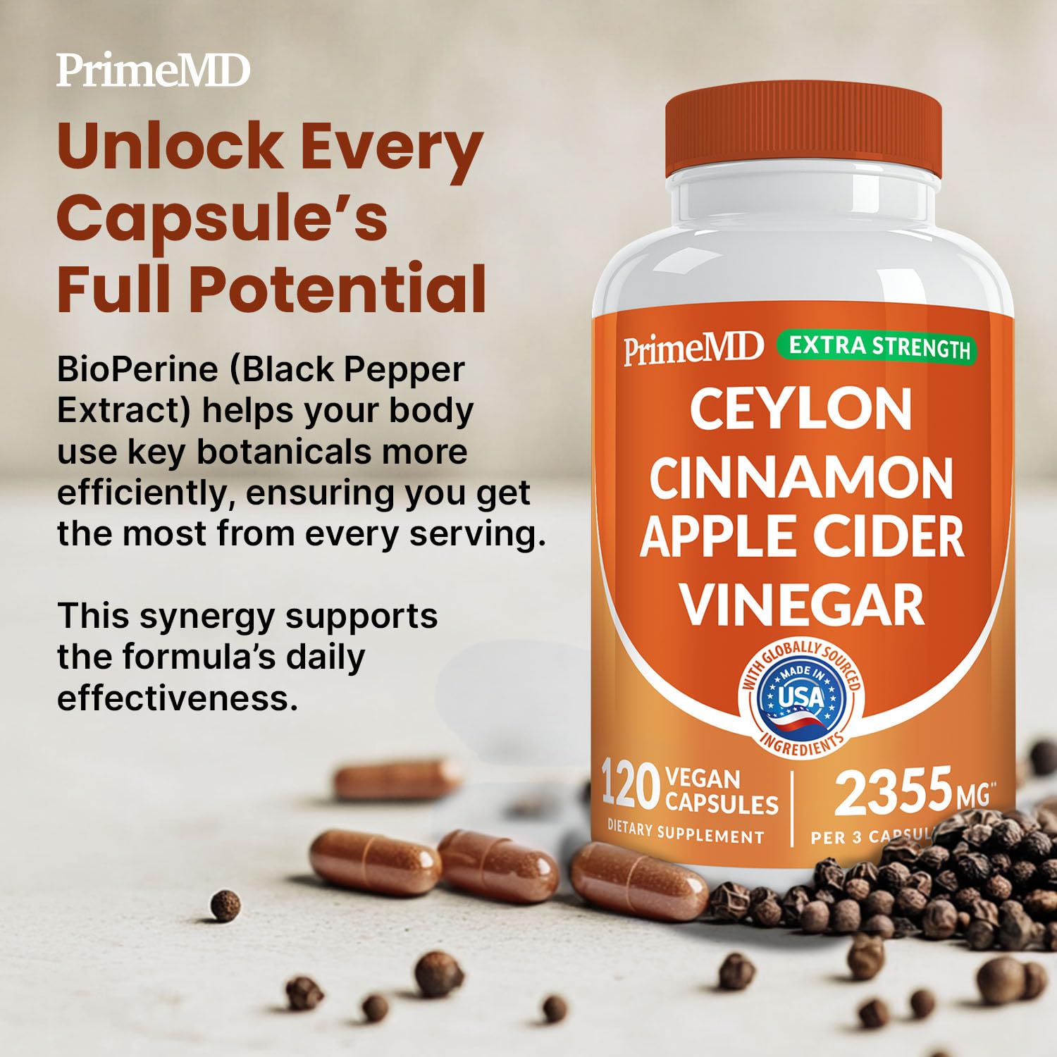 PrimeMD daily routine shot shows three capsules with a glass of water.