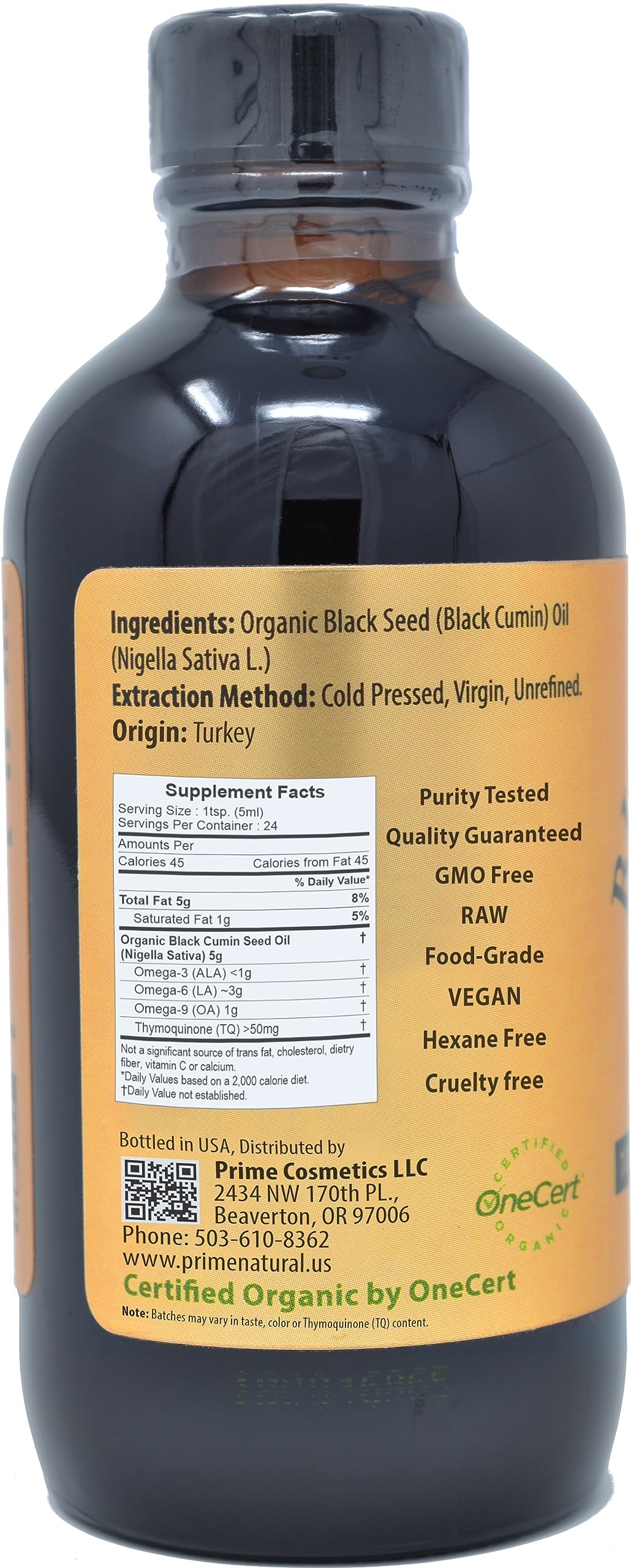 Prime Natural Black Seed Oil being poured to suggest easy daily dosing.