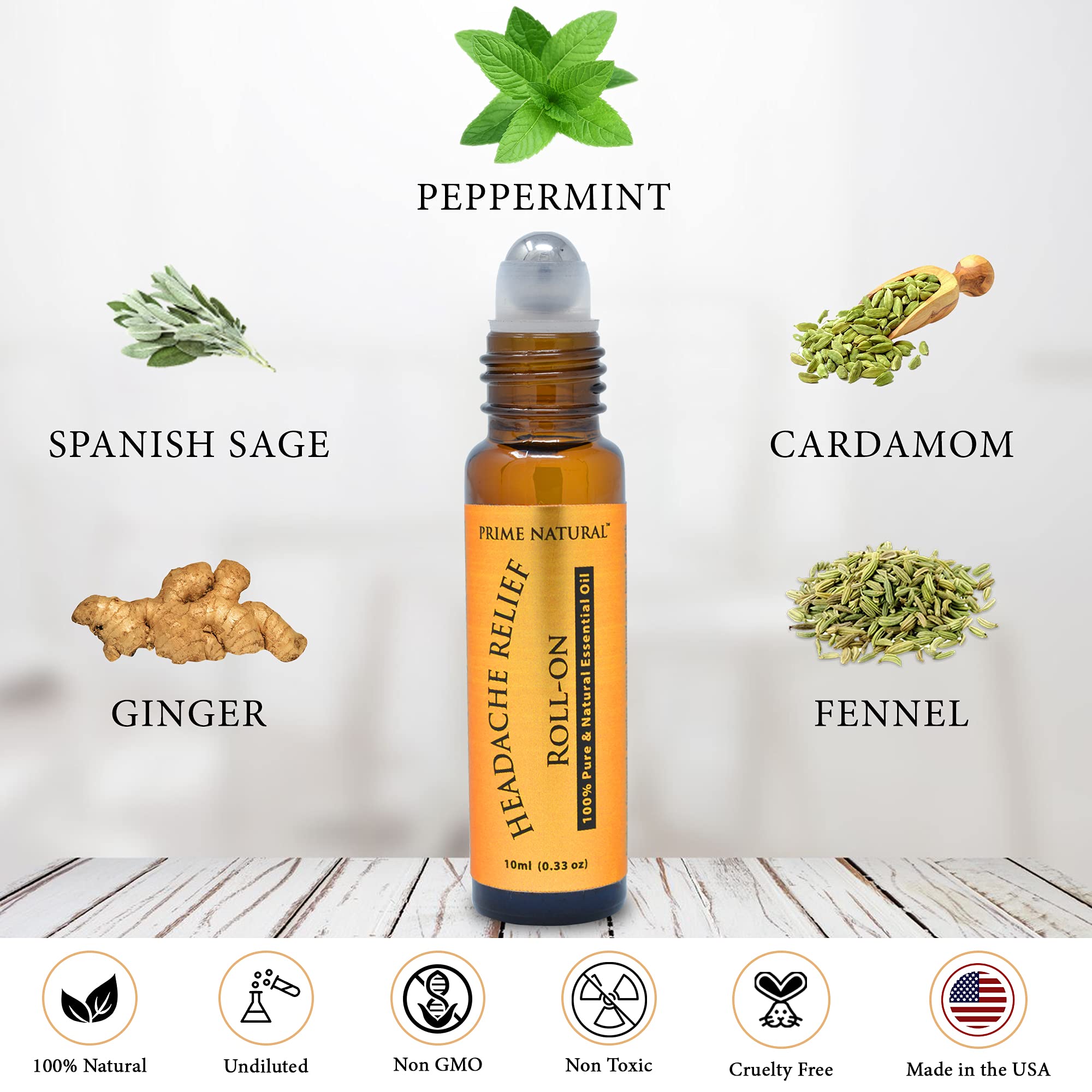 Prime Natural Headache Relief roll-on applied to temples for calming aromatherapy.