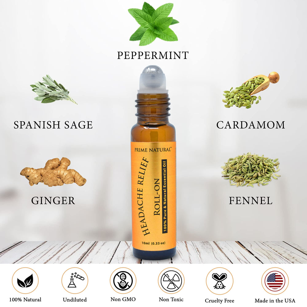 Prime Natural Headache Relief roll-on applied to temples for calming aromatherapy.