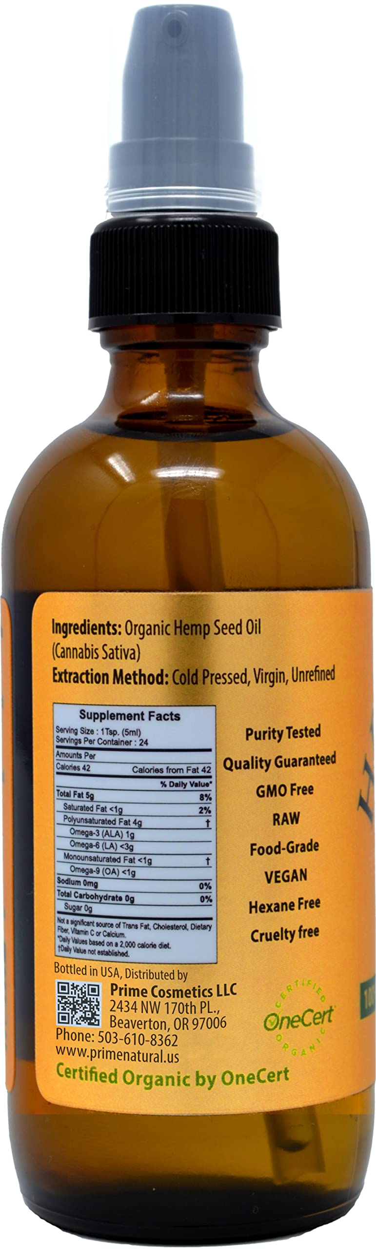 Amber glass bottle preserves freshness of Prime Natural hemp oil.