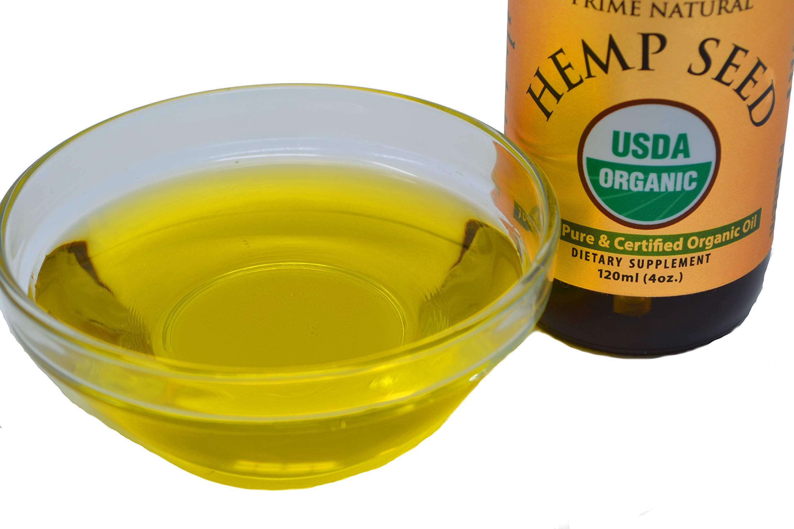 Prime Natural Hemp Seed Oil label shows vegan, non-GMO quality.