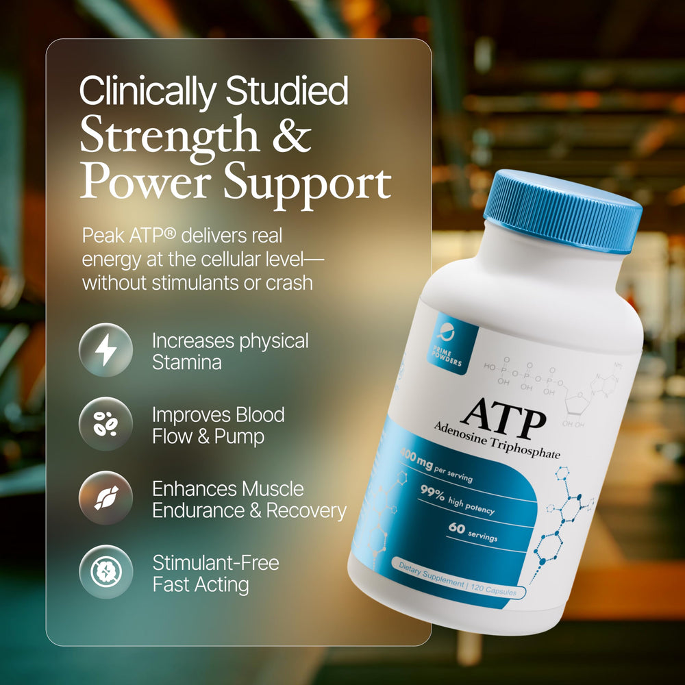Prime Powders ATP Capsules label close-up showing patented bioactive ATP details