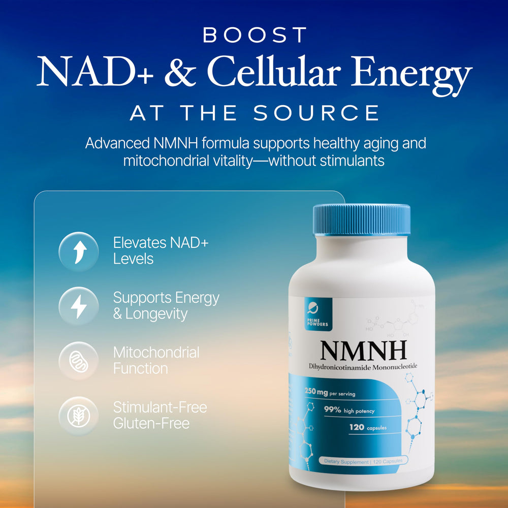 Prime Powders NMNH bottle back with NAD+ support information.
