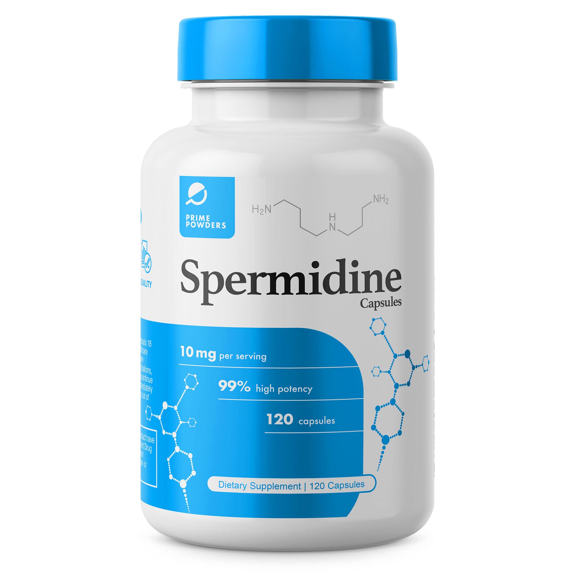 Prime Powders Spermidine bottle closeup, highlighting purity for trusted supplementation.