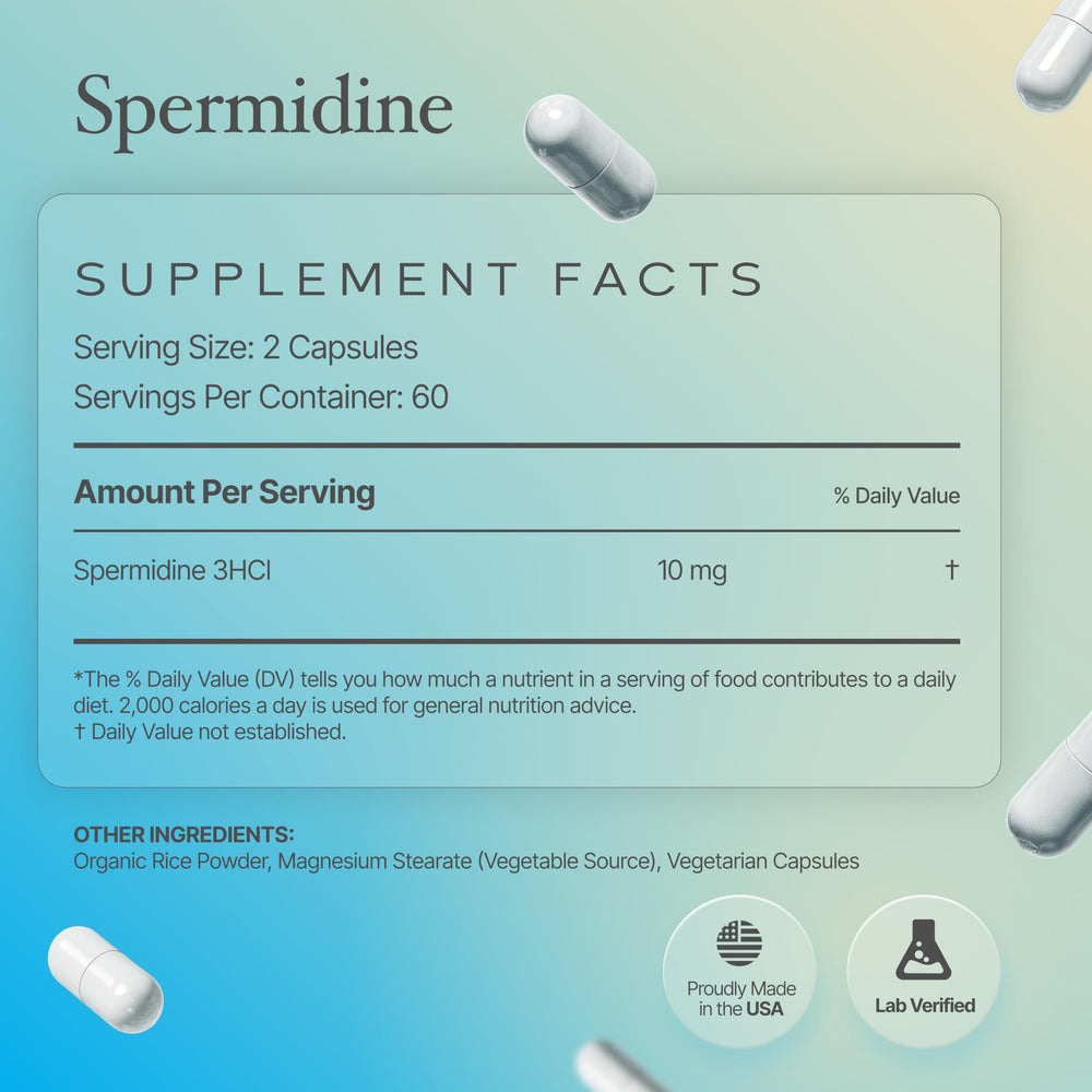 Prime Powders Spermidine fermentation process illustration on box.