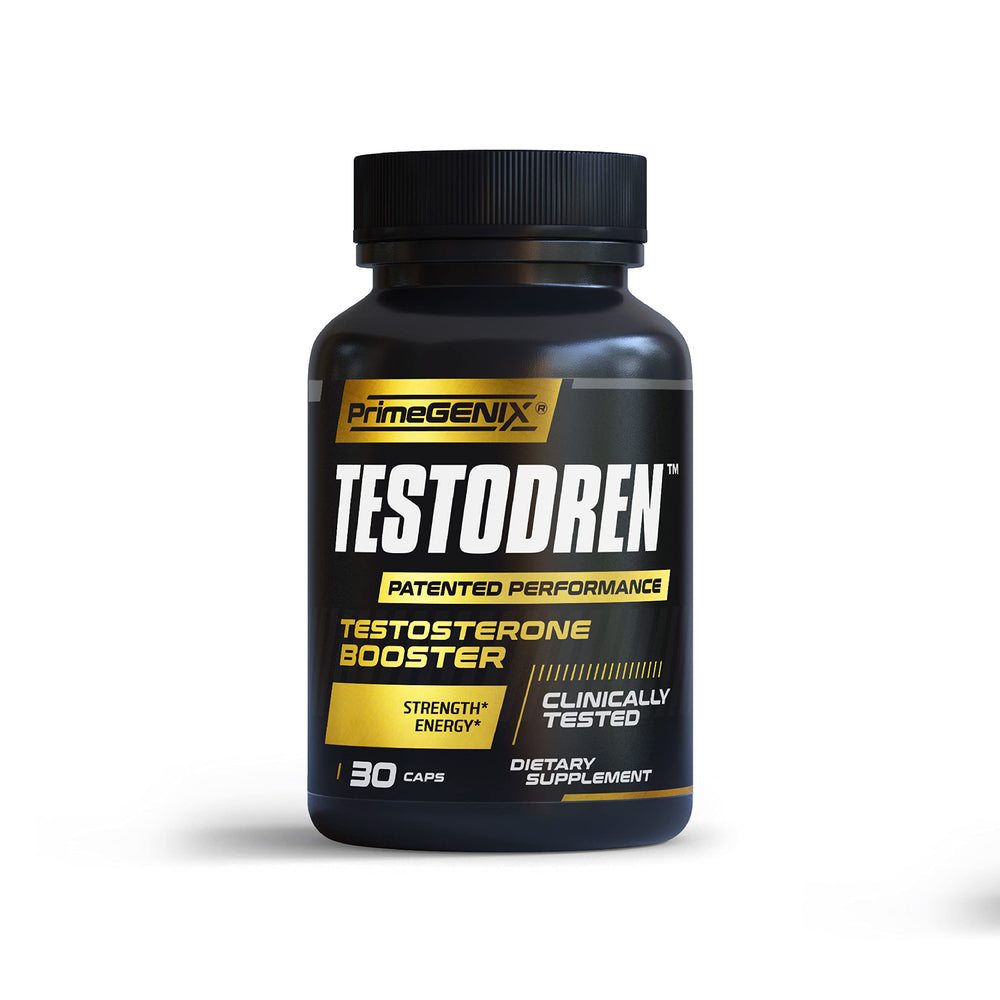 PrimeGENIX Testodren bottle front highlighting sleek packaging for daily energy support.