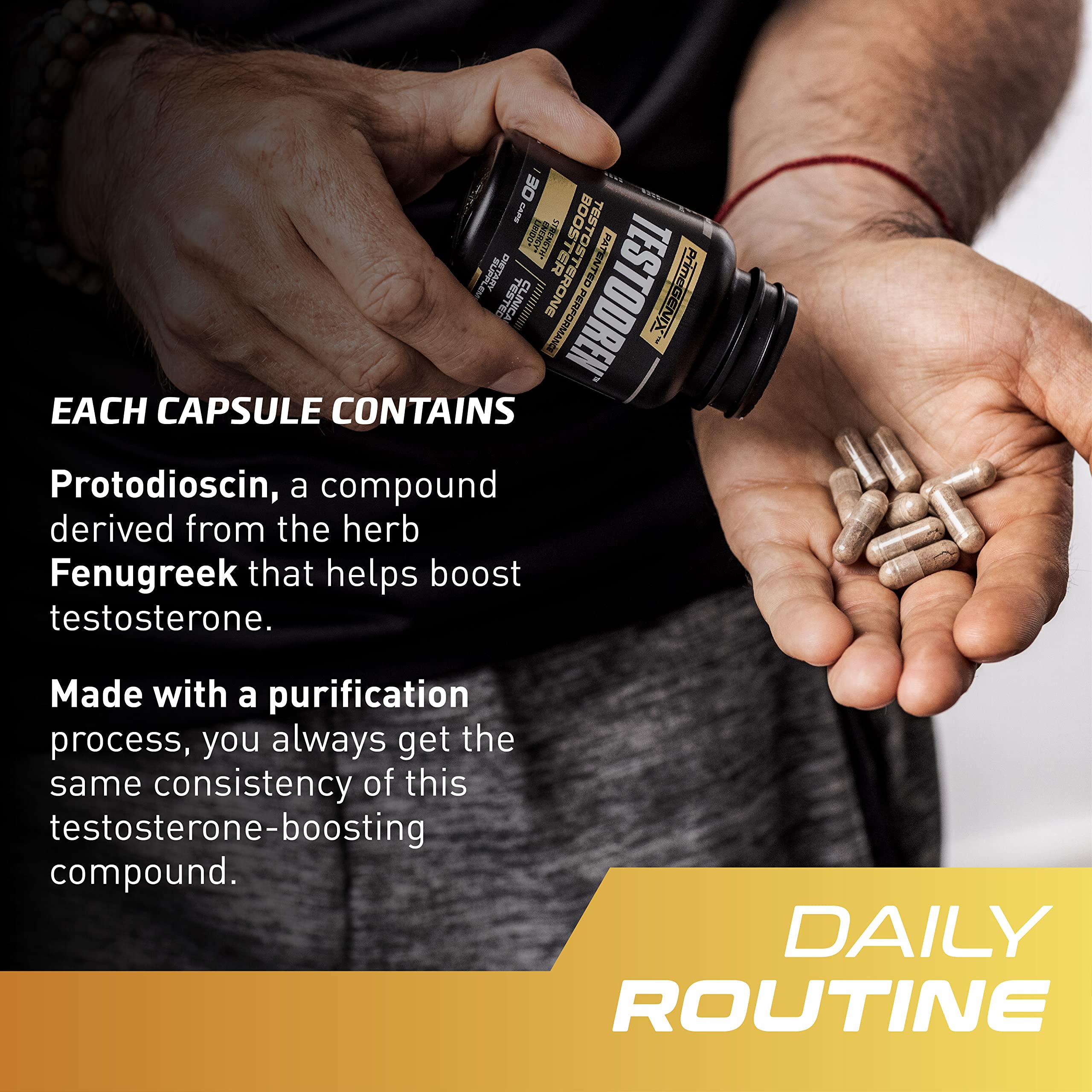 PrimeGENIX Testodren supplement scene on gym bench demonstrates daily use.