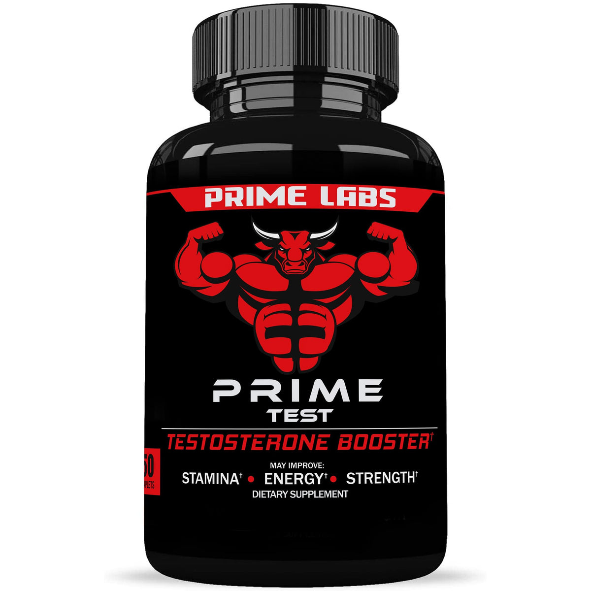 Prime Labs testosterone booster bottle front view highlighting the label for daily vitality.