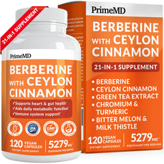 PrimeMD 21in1 berberine bottle highlighting metabolism support for daily energy.